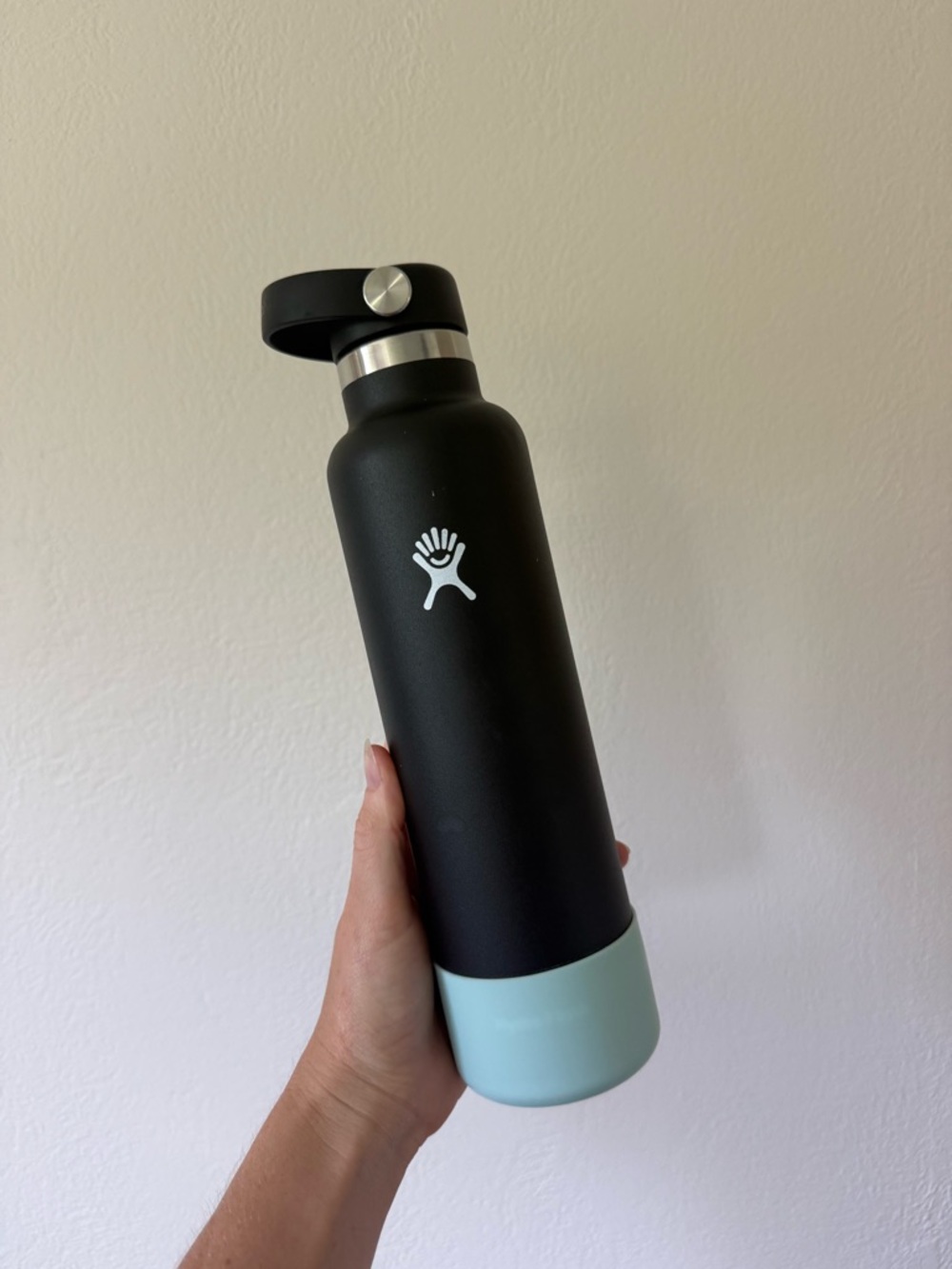 Hydro Flask Black Bottle with Light Blue Base and Flex Cap